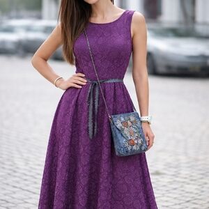 Purple Lace Fit-and-Flare Dress with Tie Belt